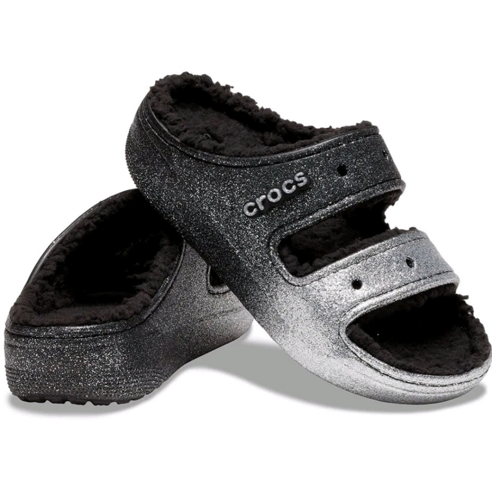 🔥CROCS Cozzzy Black/Silver Glitter Ombre Sherpa Chunky Platform Slides M 9/W 11